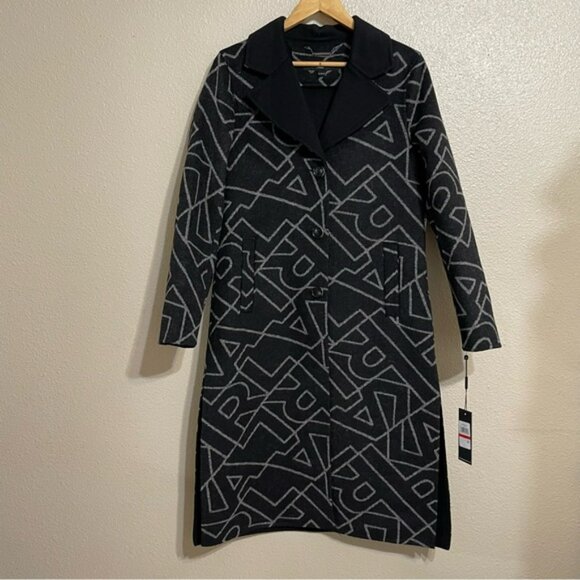 Karl Lagerfeld Paris Logo Print Collared Wool Blend Coat - Picture 2 of 15